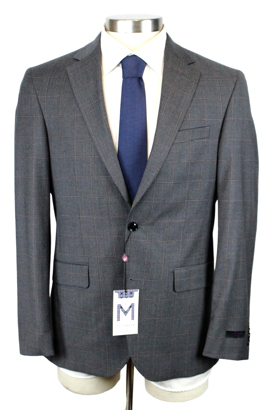 Ted Baker Sport Coat 40 R Mens Grey Purple Windowpane Wool Regular Fit Blazer